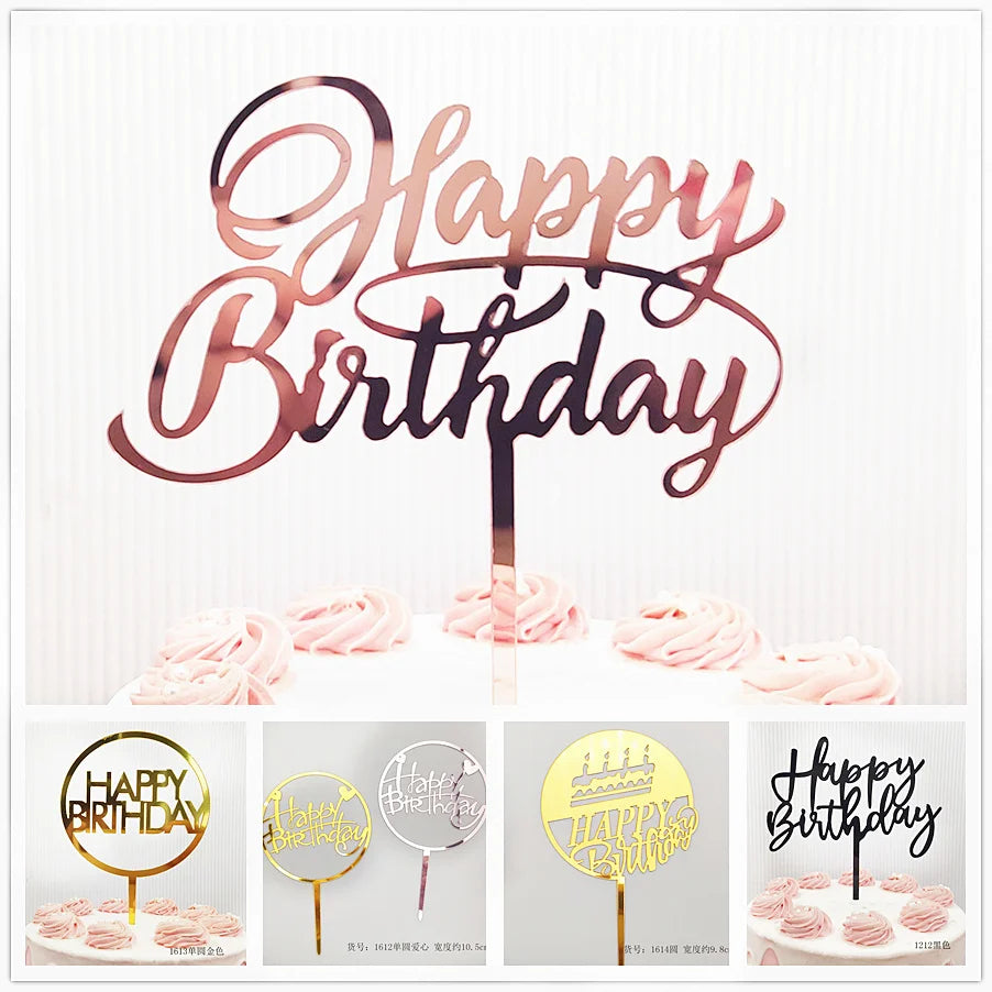 Acrylic Birthday Cake Topper Rose Gold Happy Birthday Dessert Cake Decoration For Baby Shower Party Cake Toppers Baking Supplies