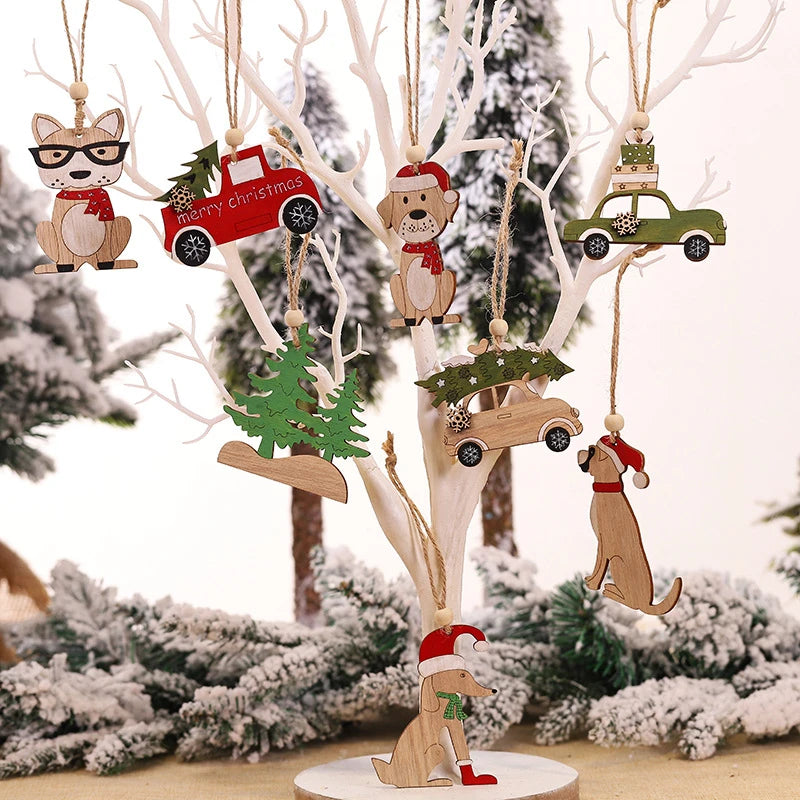 Car Ornaments Small Christmas Tree Hanging Wooden Pendants Elk Cartoon Animal Ornaments New Christmas Holiday Decorations