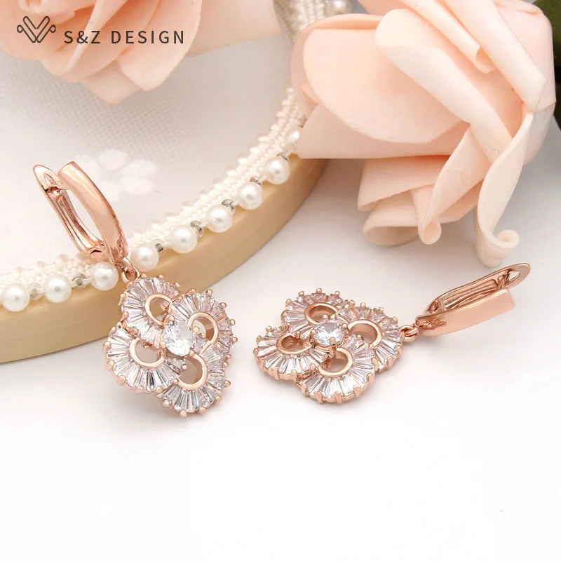 S&Z DESIGN New Fashion Round Cubic Zirconia Dangle Earrings For Women 585 Rose Gold Color Wedding Jewelry Gift