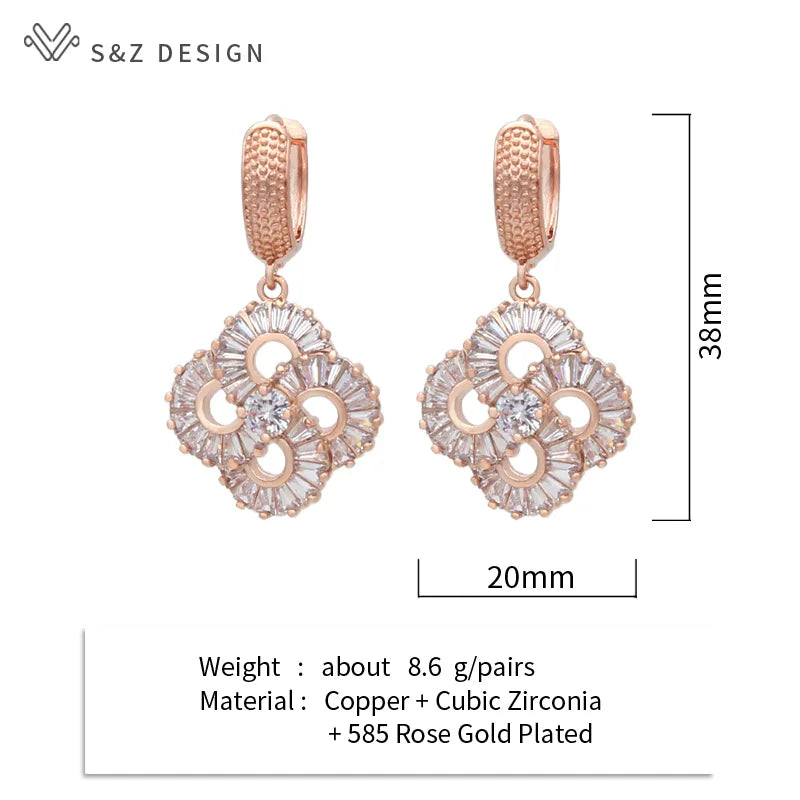 S&Z DESIGN New Fashion Round Cubic Zirconia Dangle Earrings For Women 585 Rose Gold Color Wedding Jewelry Gift