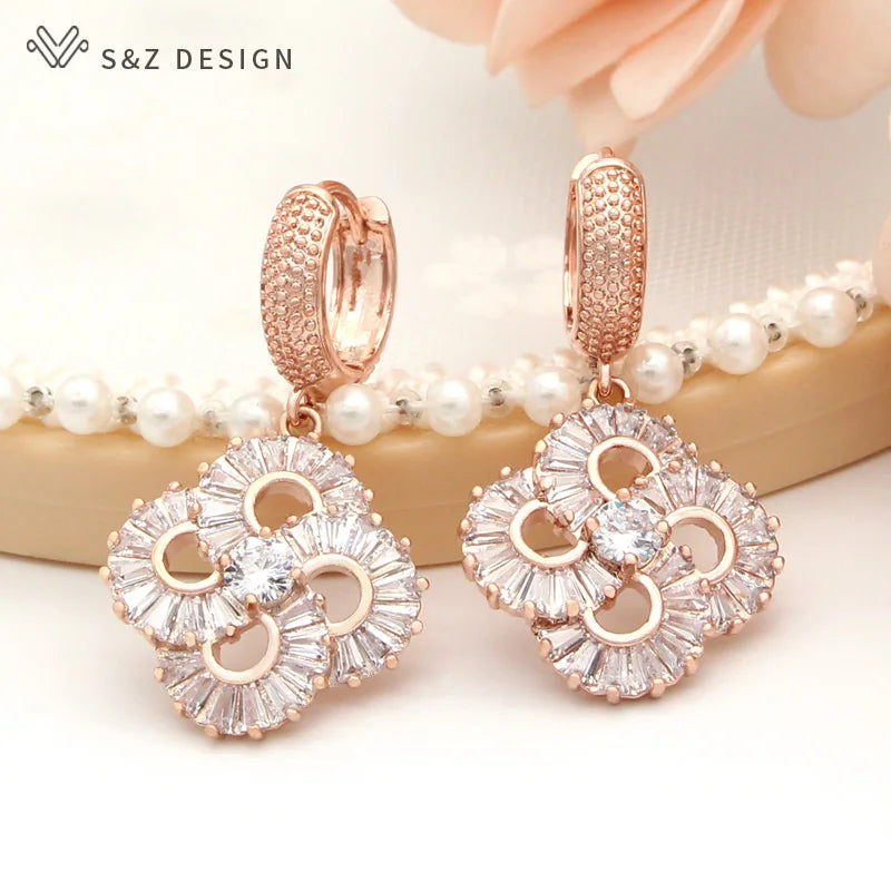 S&Z DESIGN New Fashion Round Cubic Zirconia Dangle Earrings For Women 585 Rose Gold Color Wedding Jewelry Gift