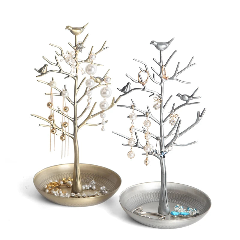 Multi-function Alloy Jewelry Organizer Display Stand with Bird Tree Design