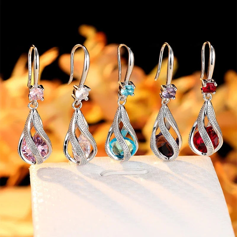 Dainty Cubic Zirconia Hook Clip Earrings Lantern Design Multi Color Stone Drop Earrings Copper Material Chic Jewelry For Woman