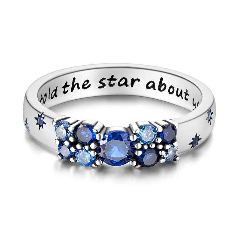 925 Sterling Silver Fashion Blue Star Cipher Ring Women's Fine Engagement Daily Match Party Jewelry Gift