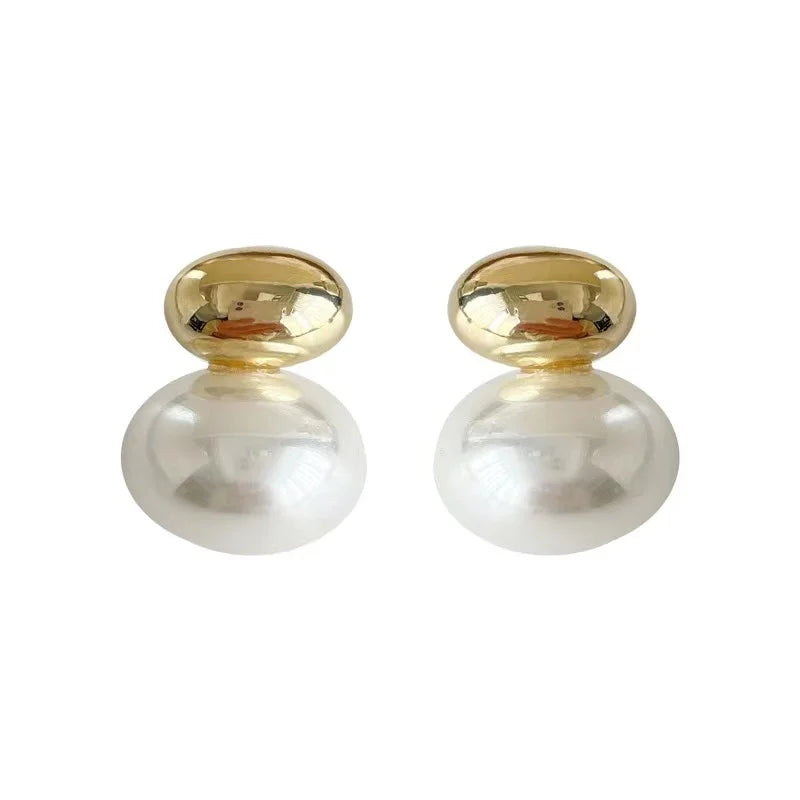 New French Elegant Gold Color Bean Spliced Flat Pearl Earrings for Korean Fashion Jewelry Party Women's Sweet Accessories