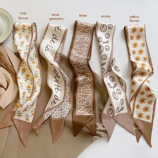 High-Grade Khaki Nude Color Series Silk Scarf Hair Band Ribbon Tied-up Hair Long Bow Vintage Satin Ribbon Hair Accessories