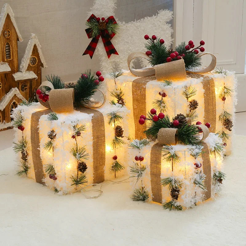 3pcs/set Christmas Decoration Gift Box With LED Lights Christmas Tree Ornament Luminous Iron  New Year Home Party Supplie