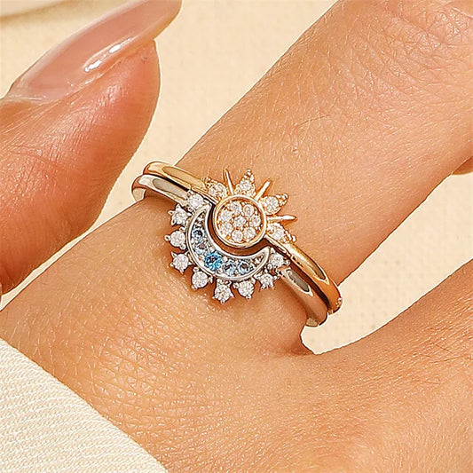 New Adjustable Sun and Moon Overlapping Wear Ring for Women Girls 2024 Sparkling Couple Rings Set Finger Wedding Jewelry Gifts