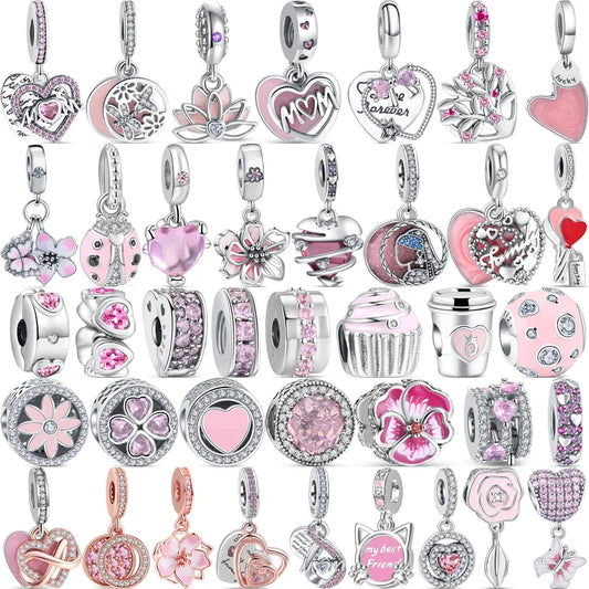 925 Solid Silver Pink Series Butterfly Flower Heart Friends Infinite Love Mom Beads Fit Original Pandora Charms Bracelet Jewelry