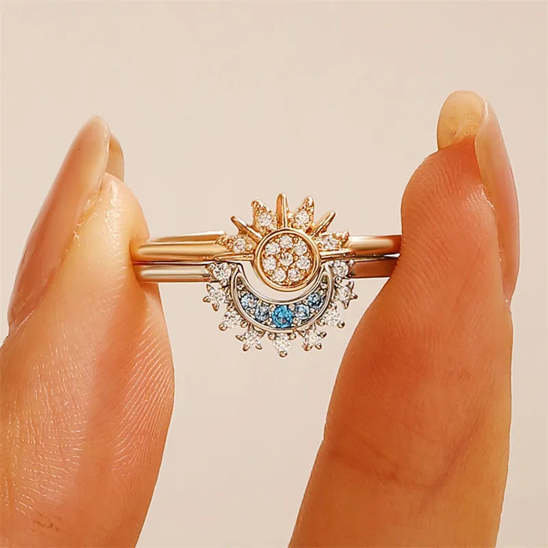 New Adjustable Sun and Moon Overlapping Wear Ring for Women Girls 2024 Sparkling Couple Rings Set Finger Wedding Jewelry Gifts