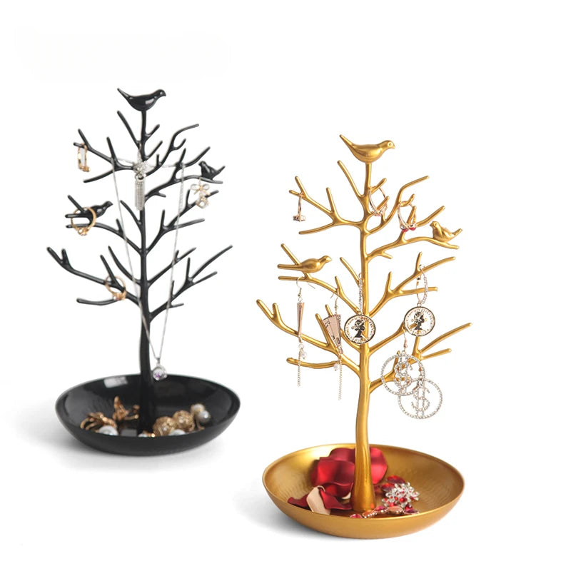 Multi-function Alloy Jewelry Organizer Display Stand with Bird Tree Design