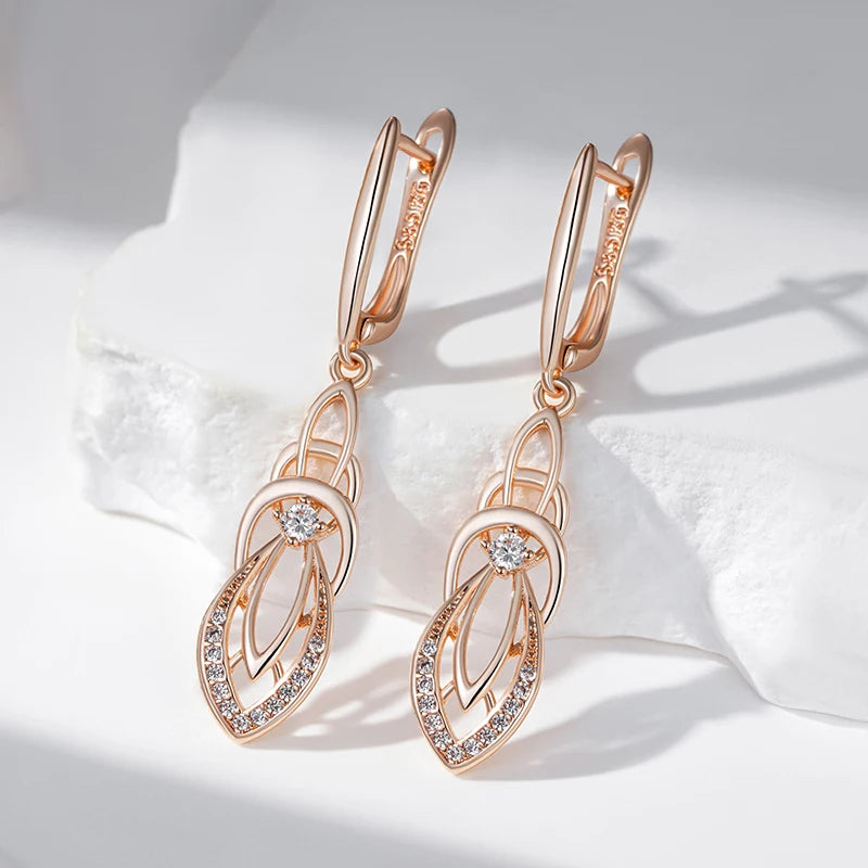 Kinel Fashion Glossy Hollow Geometry Drop Earring for Women Unusual Natural Zircon 585 Rose Gold Color Daily Fine Ethnic Jewelry