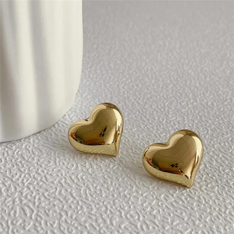 LATS Gold Color Smooth Surface Love Heart Shaped Stud Earrings Women Minimalist Fashion Girl Wedding Bridal Jewelry