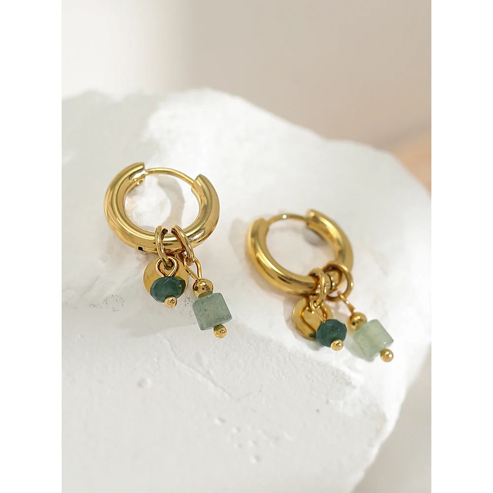 18K Gold Plated Stainless Steel Hoop Earrings for Women Vintage Green Natural Stone Charms Trendy Waterproof Jewelry