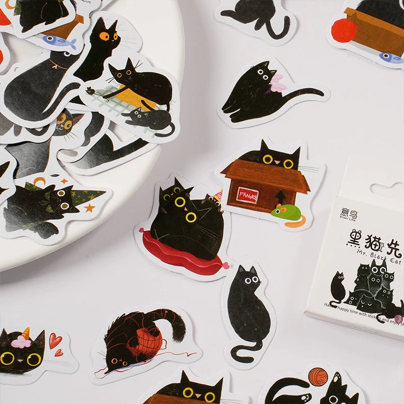 45Pcs/Box Black Cat Theme Stickers Decoration Kawaii Cute Cats Stickers Self-adhesive Scrapbooking Stickers For Laptop Planners