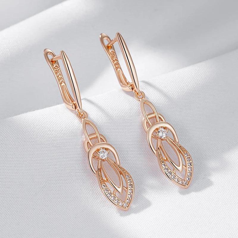 Kinel Fashion Glossy Hollow Geometry Drop Earring for Women Unusual Natural Zircon 585 Rose Gold Color Daily Fine Ethnic Jewelry