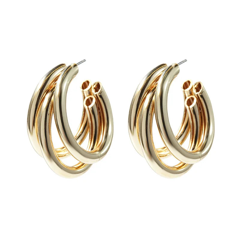 Three-layers Gold Color Women Dangle Earrings C-shaped Hollow Tube Metal Drop Earrings Personality Punk Ear Jewelry Party Gifts