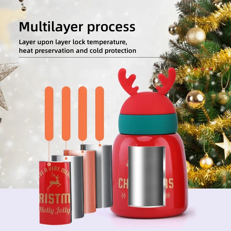 300/330ml Christmas Thermos Cup Stainless Steel Coffee Bottles Cute Cartoon Antler Water Bottle Couple Cups Xmas New Year Gifts