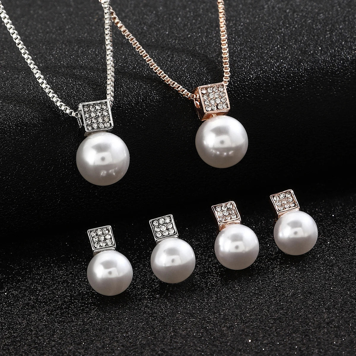 Fashion Women Elegant Imitation Pearl Necklace Earrings Rhinestones Geometry Necklaces Bride Wedding Party Jewelry Set Gifts New