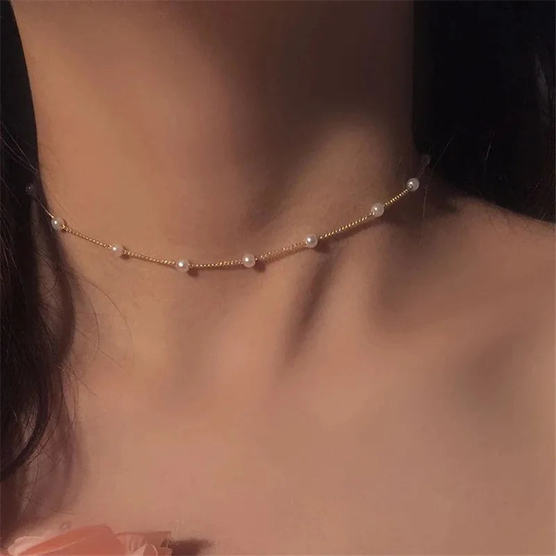 New Beads Women's Neck Chain Kpop Pearl Choker Necklace Gold Color Goth Chocker Jewelry On The Neck Pendant 2022 Collar For Girl