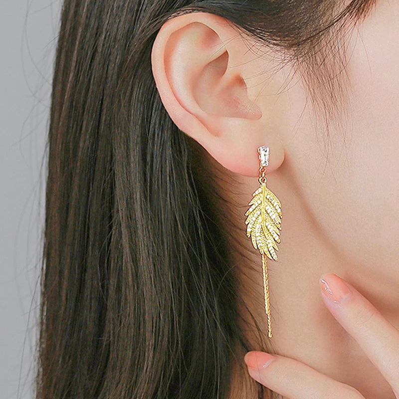 Luxury 14K Real Gold Plated Leaves Tassel Stud Earrings for Women Trending Cubic Zircon Wedding Jewelry free shipping