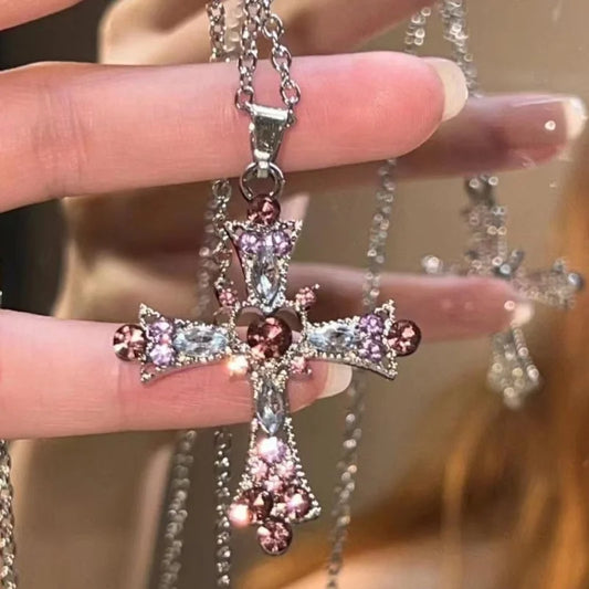 Luxury Cross Necklace for Women Dazzling Heart Cross Gothic Pendant Pink Color Cool Necklaces Party Trendy Accessories Jewelry