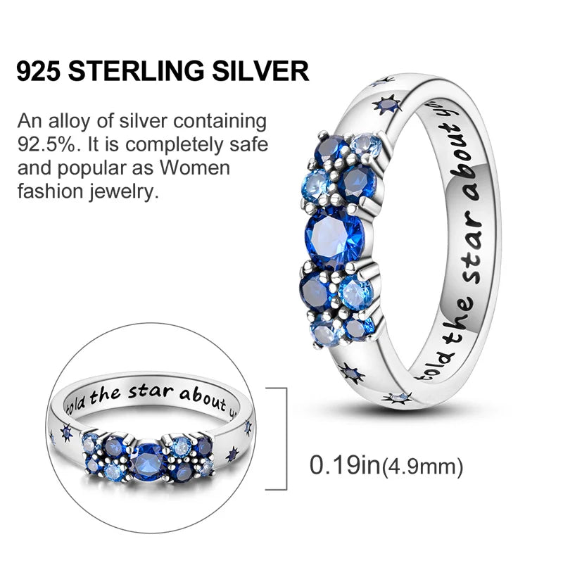 925 Sterling Silver Fashion Blue Star Cipher Ring Women's Fine Engagement Daily Match Party Jewelry Gift