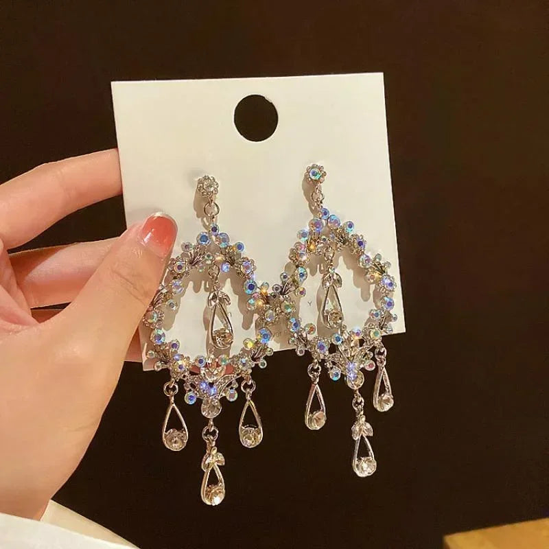 Women Temperament Bling Earrings Silver Needle Hollowed Out Water Drop Large Earrings Tassels Long Personalized Earrings Gifts