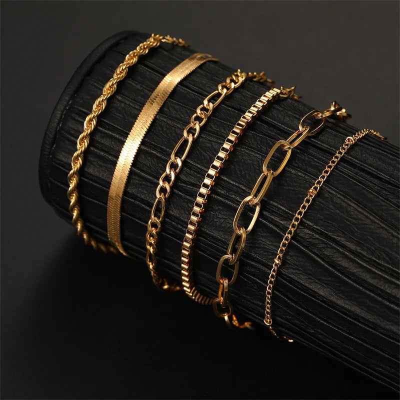 6Pcs Gold Color Bracelet Set Boho Retro Thick Twist Cuban Chain Bracelet for Women 2023 Trendy Quality Jewelry Gifts