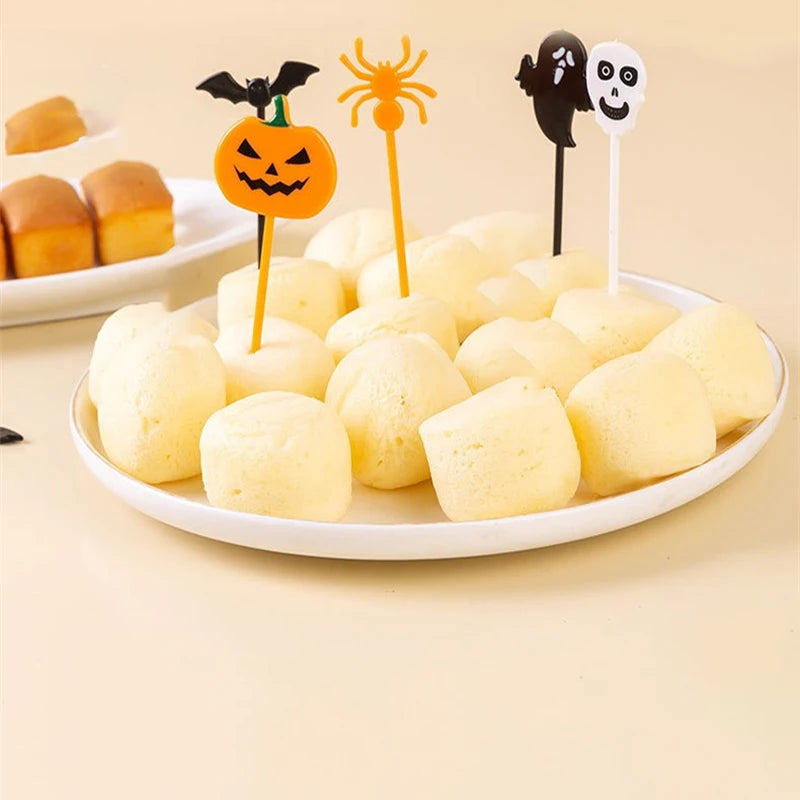 10PCS Plastic Halloween Toothpicks Halloween Cupcake Topper Ghost Bat Spider Fruit Toothpicks Halloween Party Cake Decorations