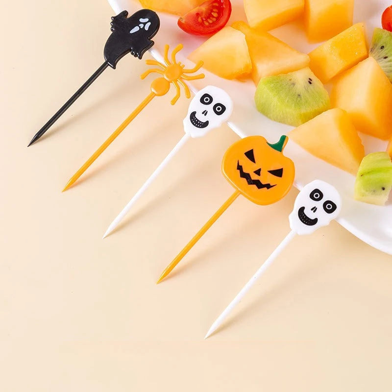 10PCS Plastic Halloween Toothpicks Halloween Cupcake Topper Ghost Bat Spider Fruit Toothpicks Halloween Party Cake Decorations