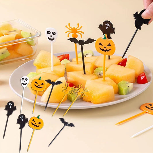 10PCS Plastic Halloween Toothpicks Halloween Cupcake Topper Ghost Bat Spider Fruit Toothpicks Halloween Party Cake Decorations