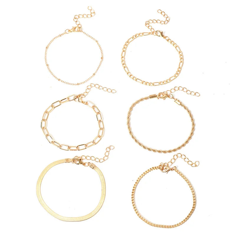 6Pcs Gold Color Bracelet Set Boho Retro Thick Twist Cuban Chain Bracelet for Women 2023 Trendy Quality Jewelry Gifts