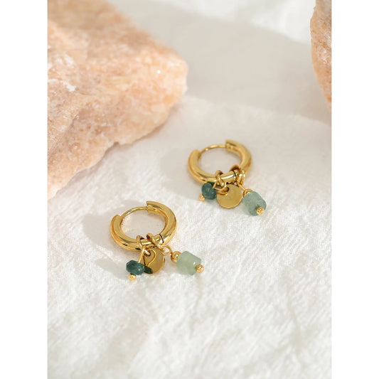 18K Gold Plated Stainless Steel Hoop Earrings for Women Vintage Green Natural Stone Charms Trendy Waterproof Jewelry