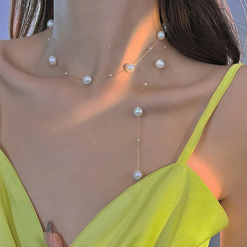 2024 New Simple Long Imitation Pearls Back Necklace for Women Sexy Tassel Pearl Harness Bikini Chest Chain Body Jewelry Mujer