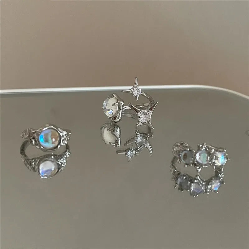 3Pcs/Set Y2k Irregular Open Rings Moonstone Finger Rings For Women Girls Kpop Sweet Cool Trendy Jewelry Gifts Wholesale