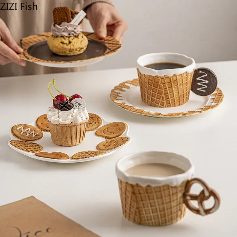 Creative Cookie Water Cup Cute Ceramic Mug Office Afternoon Tea Coffee Cup Home Breakfast Milk Cup Dessert Plate Drink Set