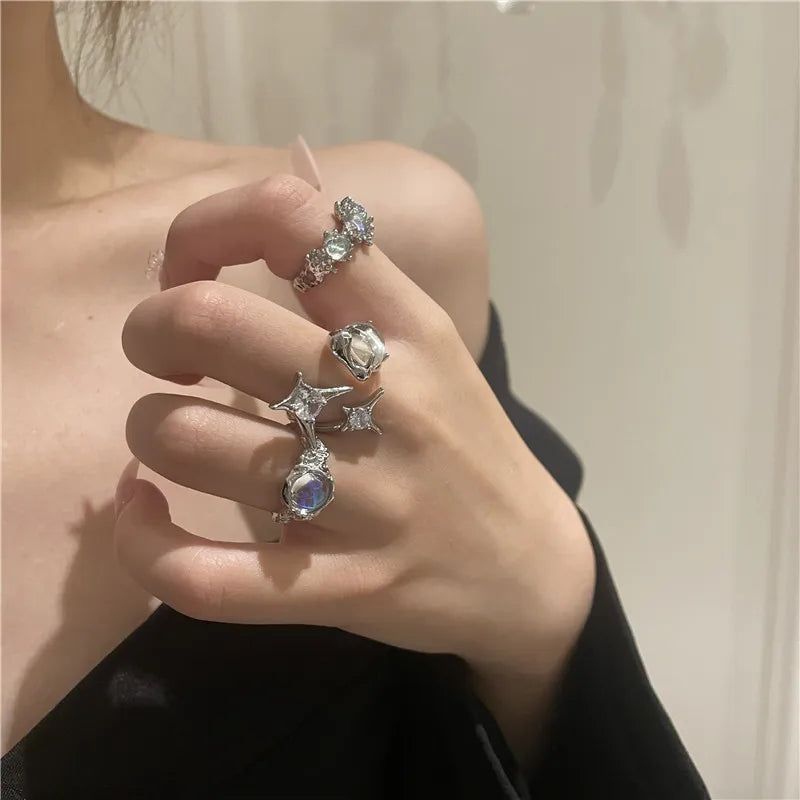 3Pcs/Set Y2k Irregular Open Rings Moonstone Finger Rings For Women Girls Kpop Sweet Cool Trendy Jewelry Gifts Wholesale