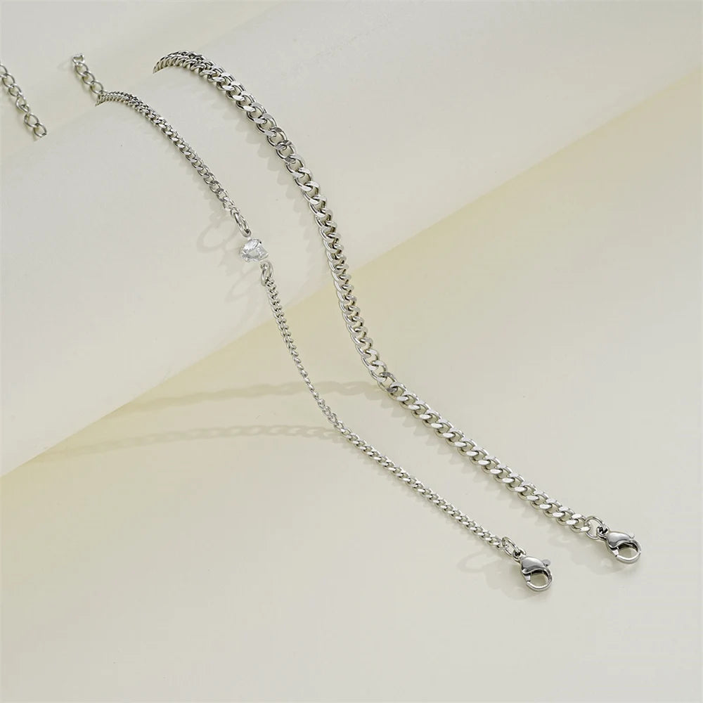 2PCS Simple Fashion Stainless Steel Bracelet Set for Couple Unisex Women Men Lover Crystal Heart Silvery Chain Bracelets Jewelry