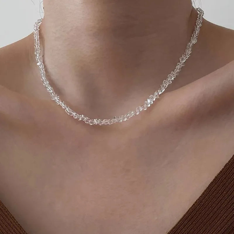 Mulit-cut Glass Crystal Irregular Beaded Choker Necklace for Women Transparent Vintage Korean Collarbone Collar Neck Jewelry