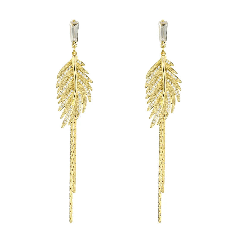 Luxury 14K Real Gold Plated Leaves Tassel Stud Earrings for Women Trending Cubic Zircon Wedding Jewelry free shipping