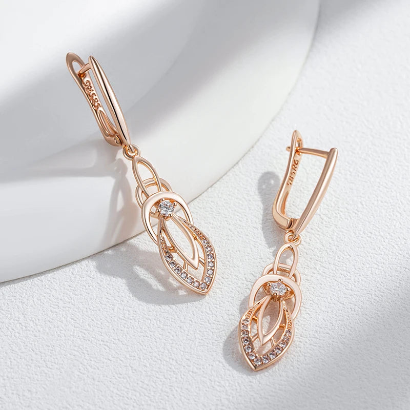 Kinel Fashion Glossy Hollow Geometry Drop Earring for Women Unusual Natural Zircon 585 Rose Gold Color Daily Fine Ethnic Jewelry