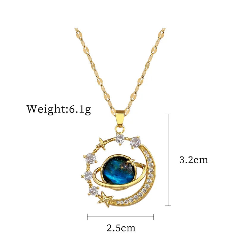 Y2K Starry Sky Planet Light Luxurious Temperament Gorgeous Necklace Star and Moon Versatile Stainless Steel Clavicle Chain